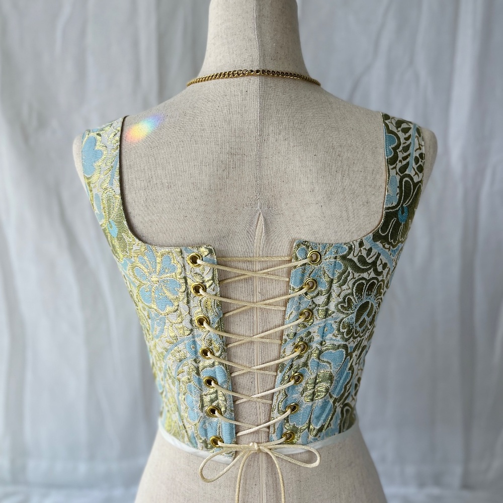 Gold Floral Brocade Corset Top: Handcrafted Flower Corset - Picture 4 of 9